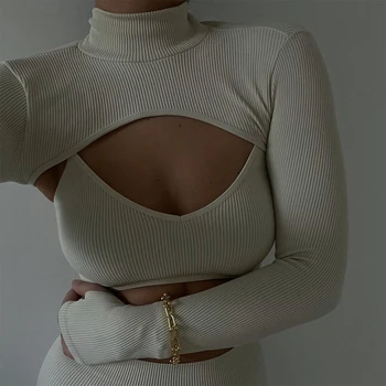 2021 Нови дамски Безшевни Ястия за ръце С Дълги Ръкави с високо Деколте Crop Пуловер Ежедневна Мода Шик секси Плетени Блузи съкратен пуловер